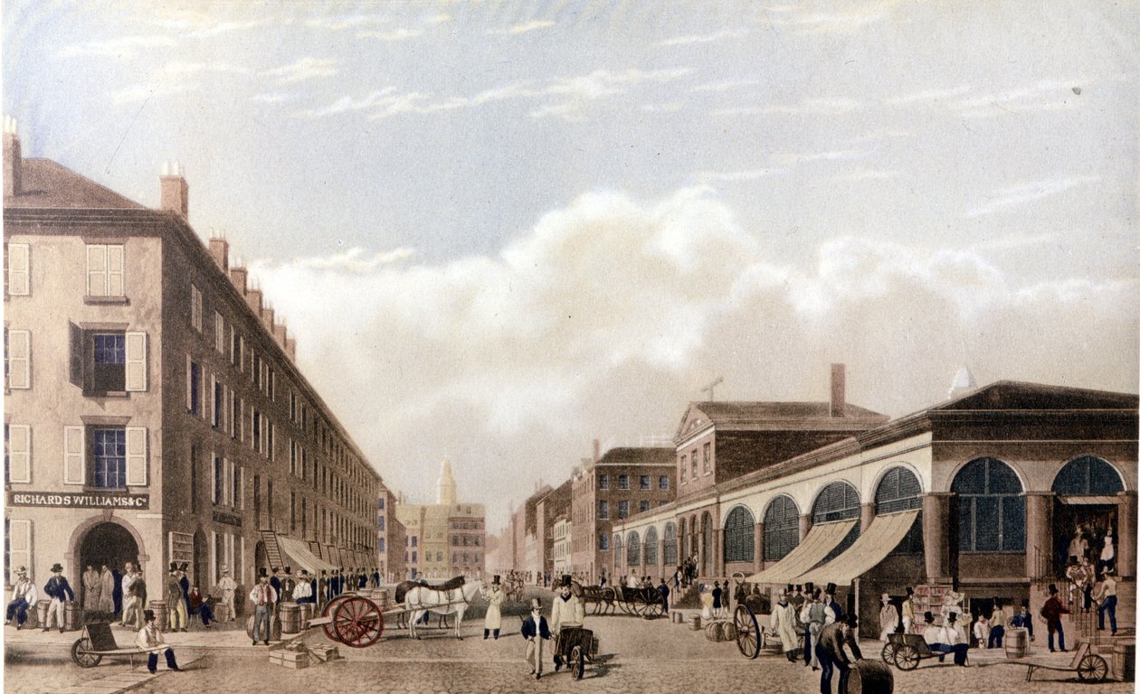 New York Görünümü: Fulton Caddesi'ndeki Pazar. 19. yüzyılın ortalarında SD litografi. by Unknown artist