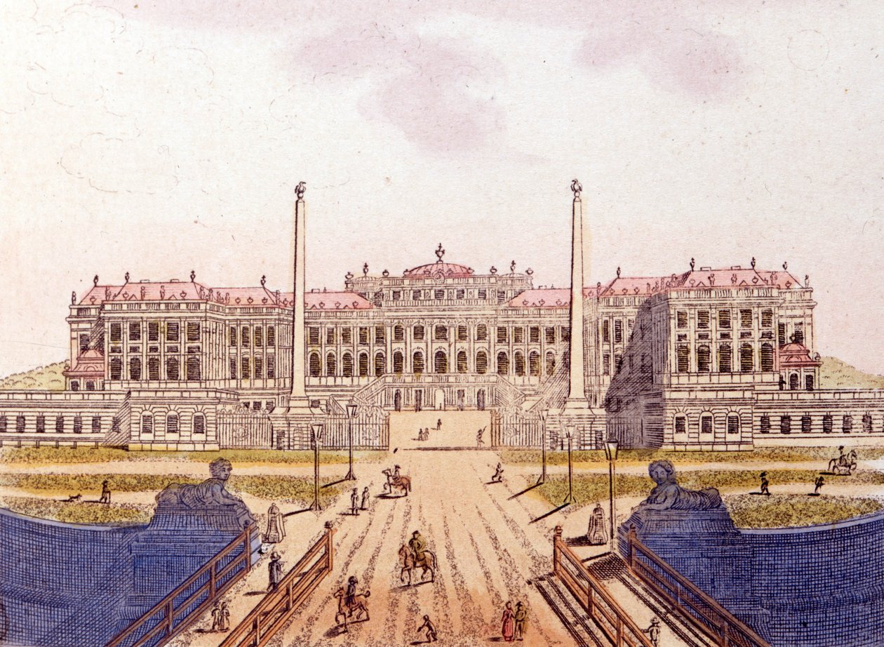 Avusturya İmparatorluk Ailesi'nin eski ikametgahı olan Schonbrunn Kalesi'nin görünümü, Viyana, Avusturya, 1820'den kalma gravür by Unknown artist