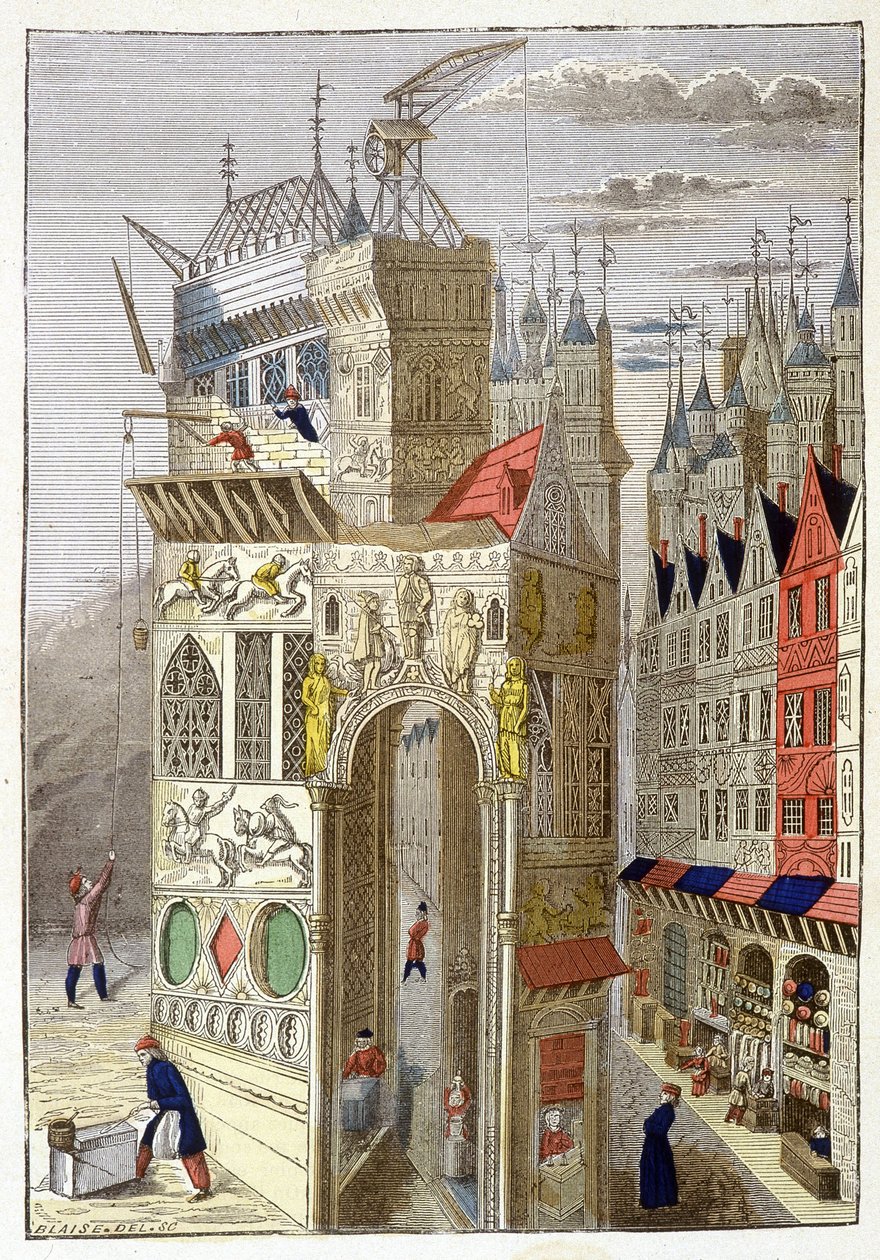 Yarı ahşap evleri ve yapım aşamasındaki bir kilisesiyle 15. yüzyıldan kalma bir rue de Paris manzarası. by Unknown artist