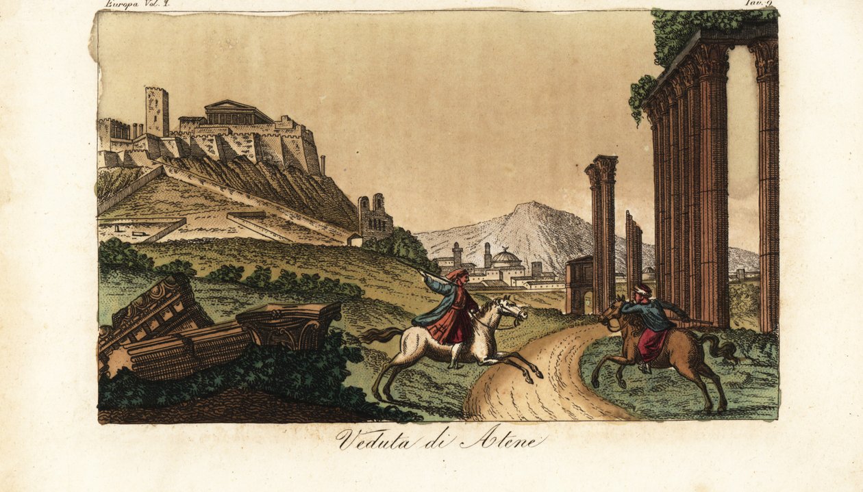 Solda Akropolis ve Parthenon ile Atina, Yunanistan şehrinin görünümü, önünde sütun, anıt ve Propylaea kalıntıları by Unknown artist