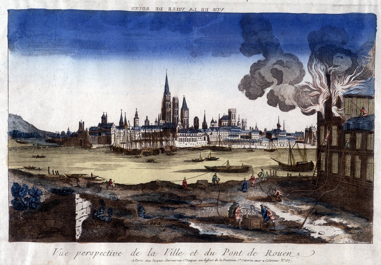 18. yüzyılın sonunda Rouen şehrinin, limanının ve Seine üzerindeki köprünün görünümü. by Unknown artist