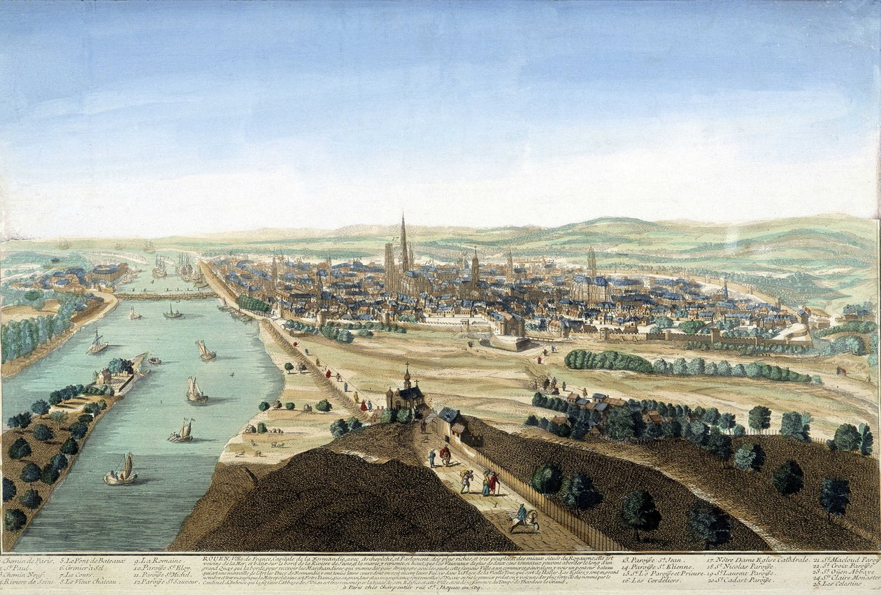 Limanın ve Rouen şehrinin görünümü; 18. yüzyılın gravürü. by Unknown artist