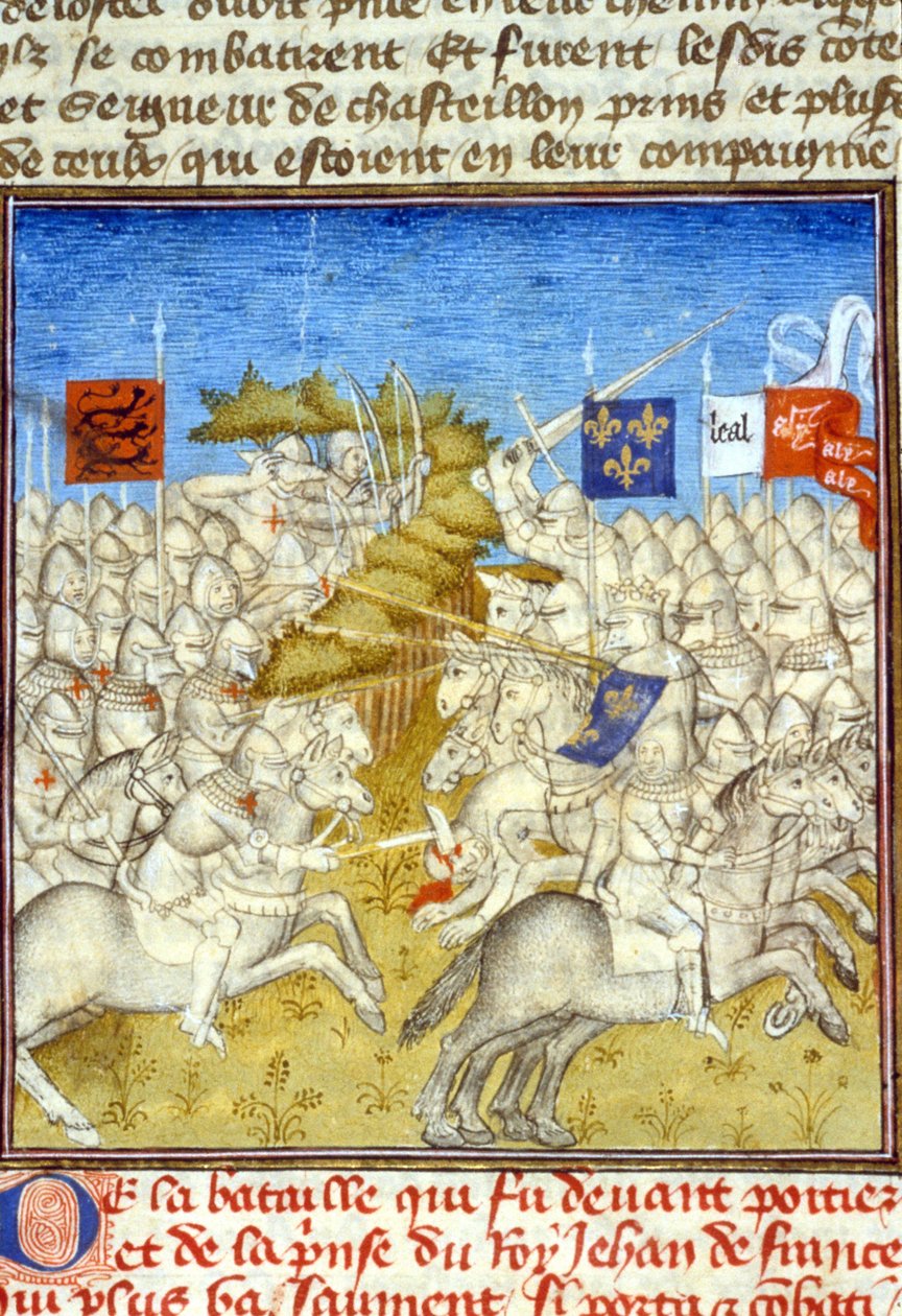 Yüz Yıl Savaşı: Poitiers Savaşı - “” Grandes Chronicles de Saint-Denis””te, 14. yüzyılın sonu (ref. 512, 392v) by Unknown artist