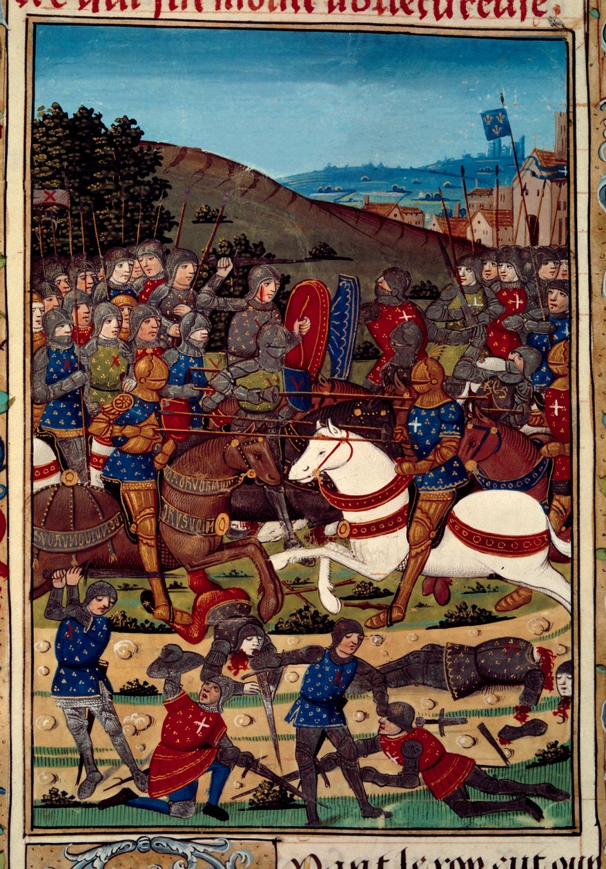 Kamu Yararı Birliği Savaşı (ya da soyluların isyanı): 16/07/1465 tarihinde Louis XI (1423-1483) ile Charolais Kontu Charles (gelecekteki Charles the Temeraire) (1433-1477) arasındaki Montlhery savaşı. “” Vigiles du r el yazmasından aydınlatılan minyatür by Unknown artist