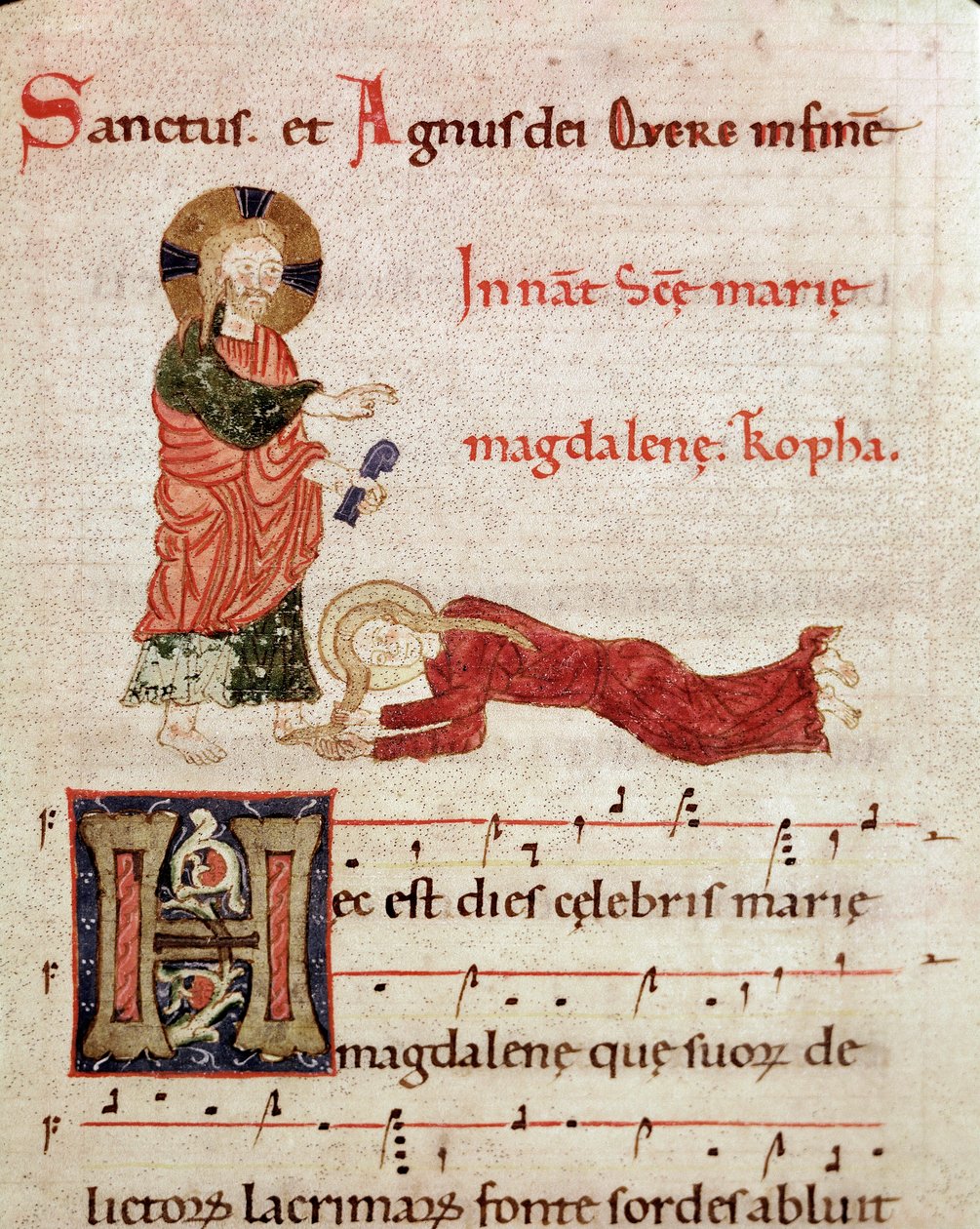 Ayakların Yıkanması: Mecdelli Meryem, kademeli bir antiphonaryden (tropair) (ms65) Mesih Minyatürünün ayaklarına yaslanmış 12. yüzyıl Piacenza, Biblioteca Capitolare by Unknown artist