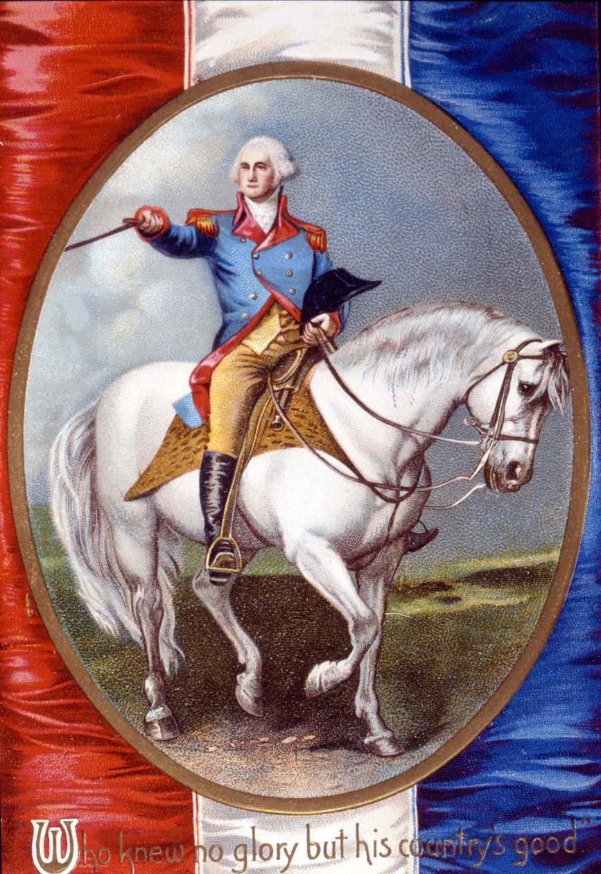 Ülkesinin iyiliğinden başka zafer tanımayan: George Washington (1732 - 1799), Fransız bayrağının arkasında madalyonla geziyor. 19. yüzyılın kromolitografı. by Unknown artist