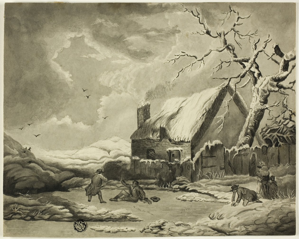 Bir Göletin Yanında Bir Kulübenin Dışında İnsanlarla Kış Manzarası by Unknown artist