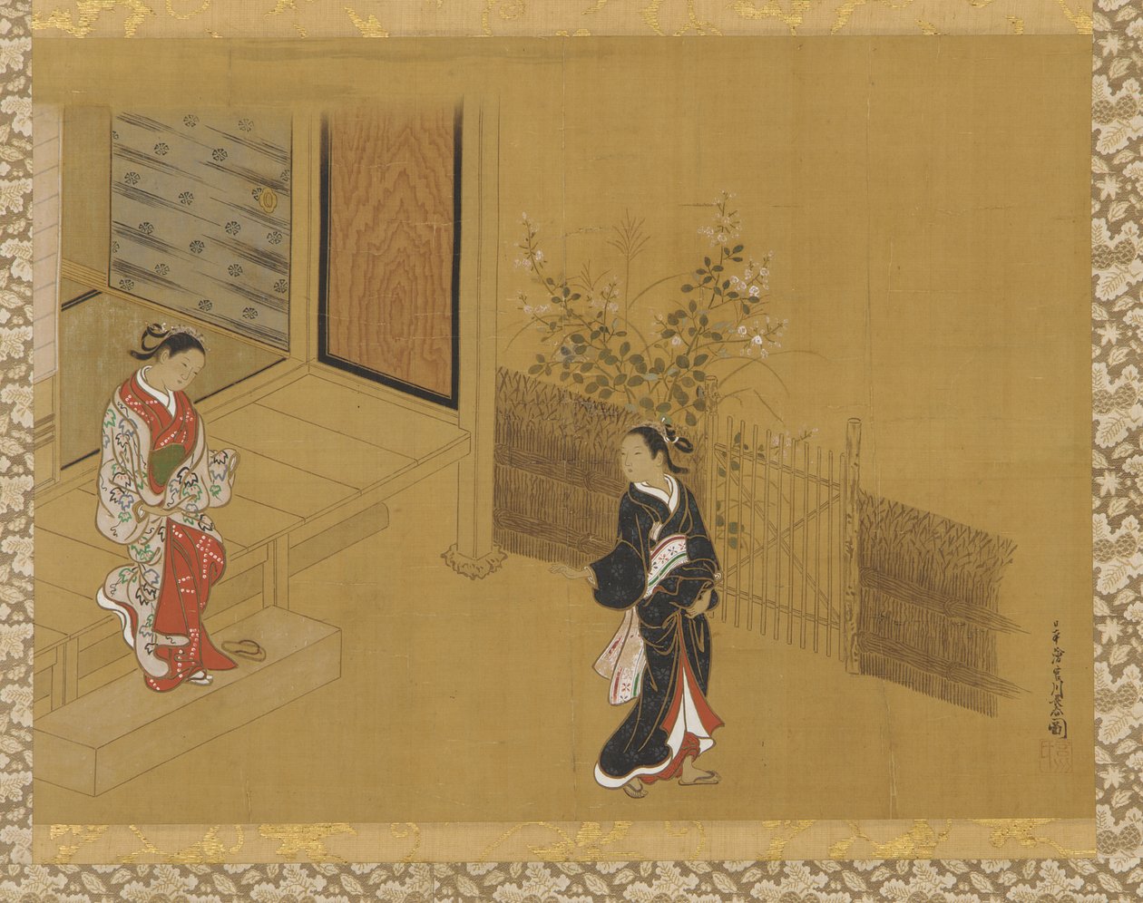 Veranda basamaklarında kadın; bahçede bir başka by Unknown artist