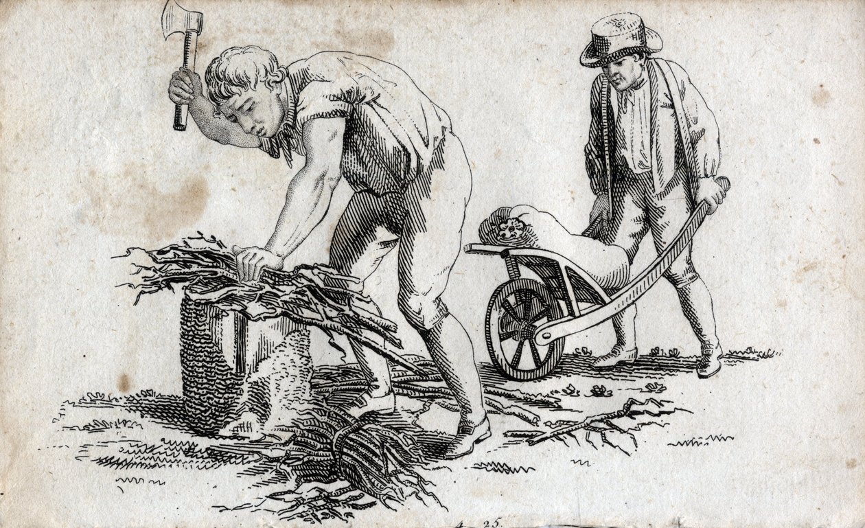 Odun demetleri yapan oduncular ve bir el arabası üzerinde demetler taşıyan adamlar. 18. yüzyılın son gravürü. Özel koleksiyon. by Unknown artist