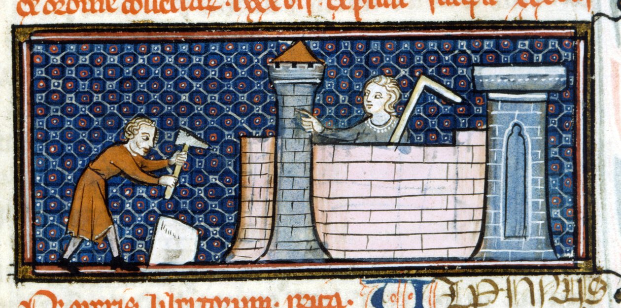 Müstahkem bir manastır inşa eden işçiler, 13. yüzyılın ortalarından minyatür. Biblioteca Trivulziana. by Unknown artist