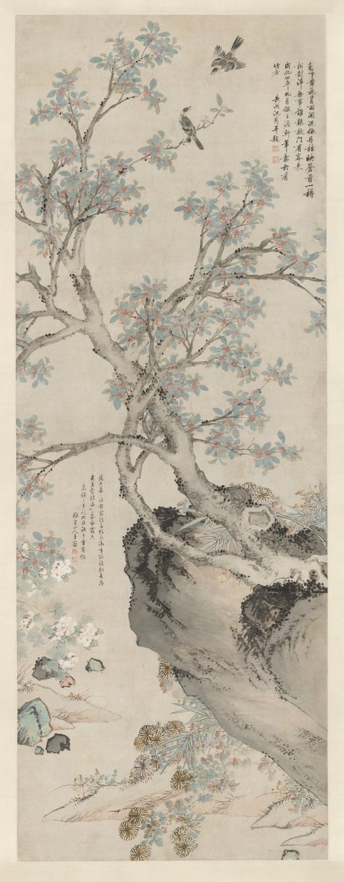 Wang Yuan Tarzında Sarı Krizantemler ve Kırmızı Osmanthus by Unknown artist