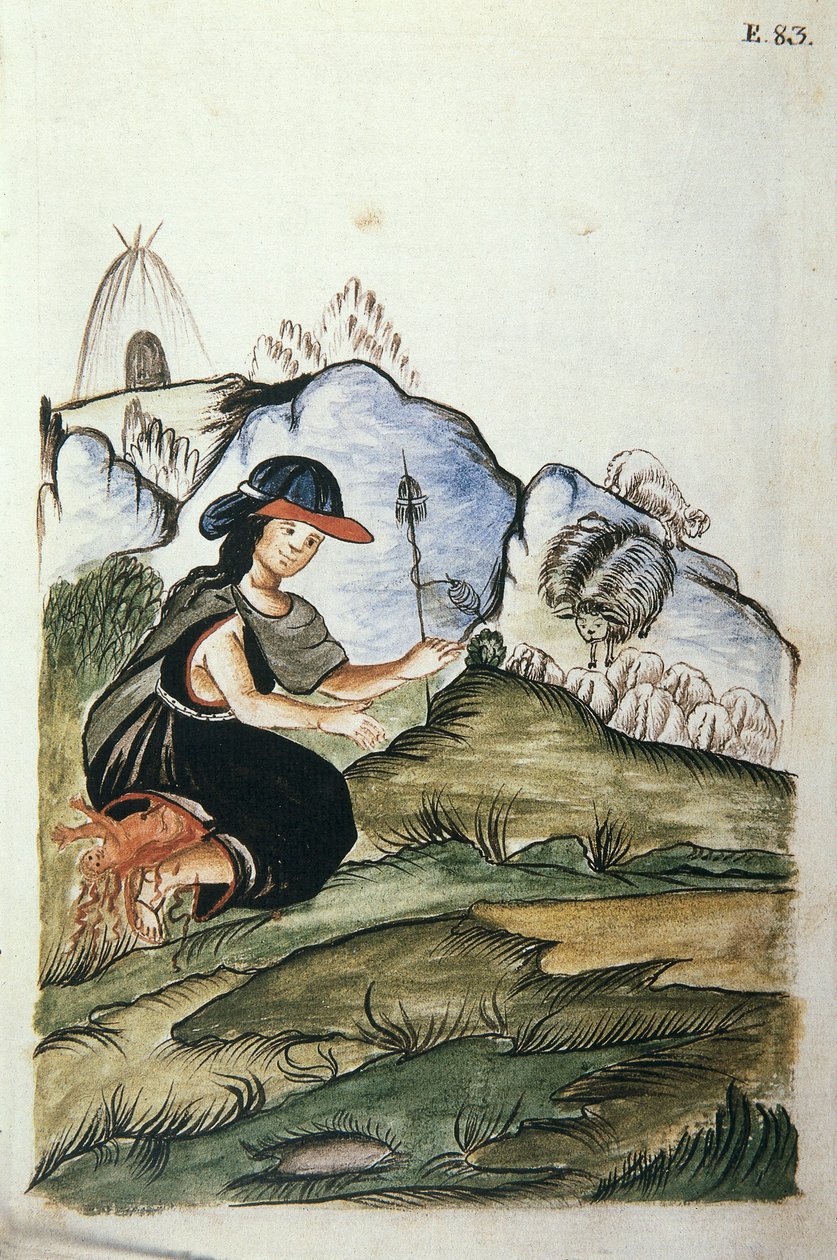 Baltazar Martinez Compañón y Bujanda, Trujillo piskoposu (1782-1785) tarafından yazılan "Trujillo del Peru" veya "Códice Martínez Compañón" kitabından doğada doğum yapan genç Hintli çoban kadın by Unknown artist
