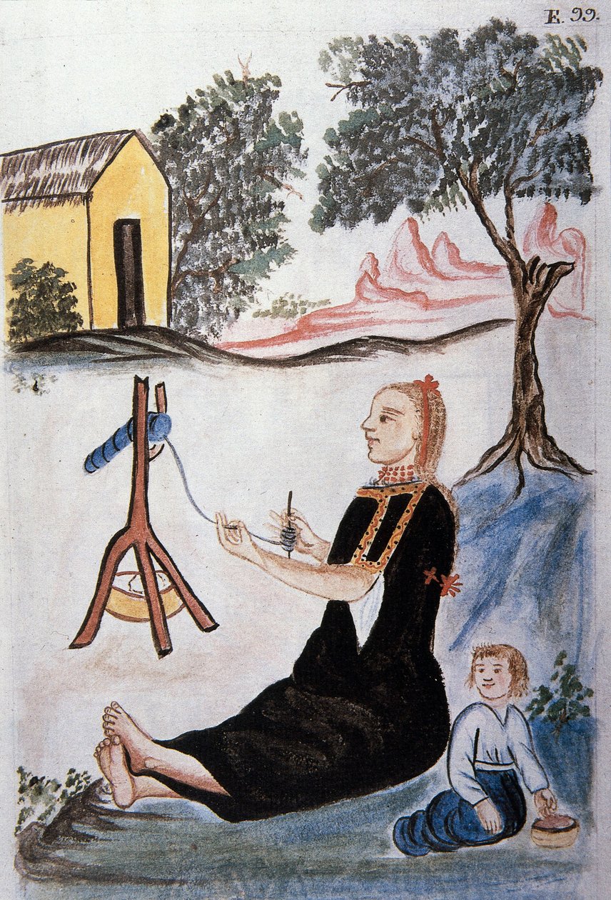 Baltazar Martinez Compañón y Bujanda, Trujillo piskoposu (1782-1785) tarafından yazılan "Trujillo del Peru" veya "Códice Martínez Compañón" kitabından yün eğiren genç Hintli kadın by Unknown artist