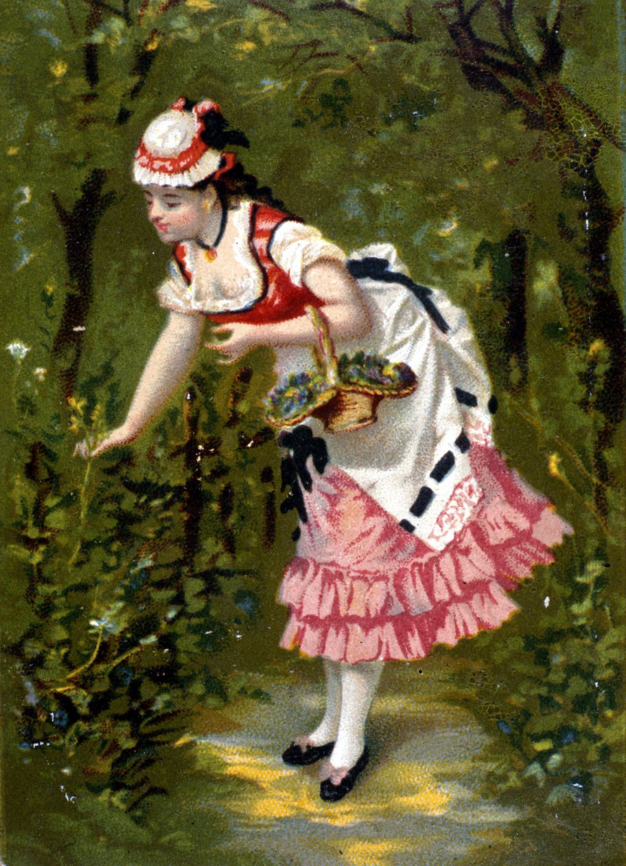 Çiçek toplayan genç bir kadın. Renkli taşbasması/ by Unknown artist
