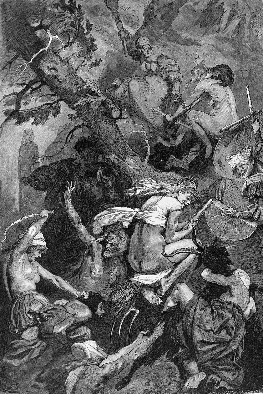 Şabat günü cadılar tarafından Walpurgis Gecesi kutlaması. 19. yüzyıl gravürü by Unknown artist