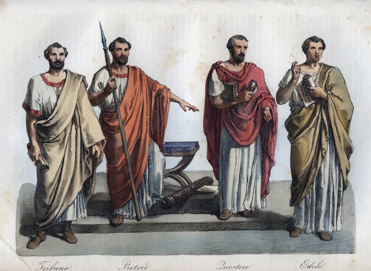 antik Roma sulh hakimleri - Tribunus (Tribune) - praetor (Preteur) (Magistrator) - Quaestores (Quaestors) - aediles (ediles) Evrenin Tüm Halklarının “” Gümrük ve Geleneklerinden gravür. Veya hükümetin, yasaların, milislerin, kralın tarihi by Unknown artist