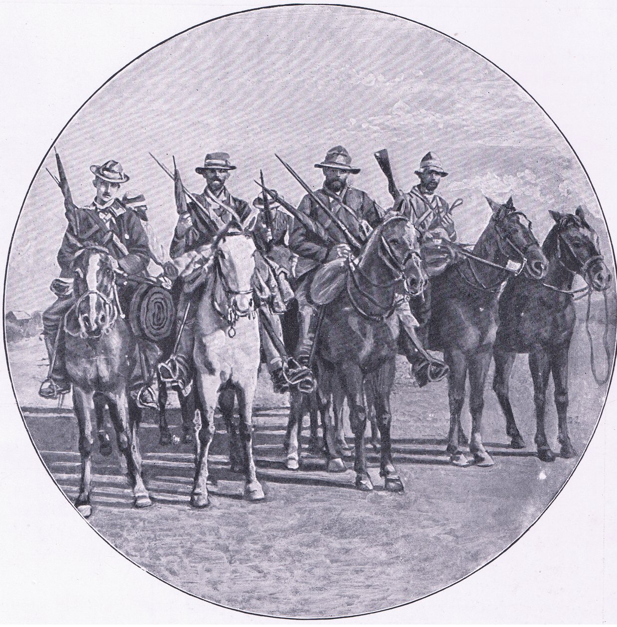 Harmsworth Bros Limited tarafından yayınlanan After Pretoria: The Guerilla War'dan tüfekler ve şemsiyelerle silahlanmış Boerler by Unknown photographer