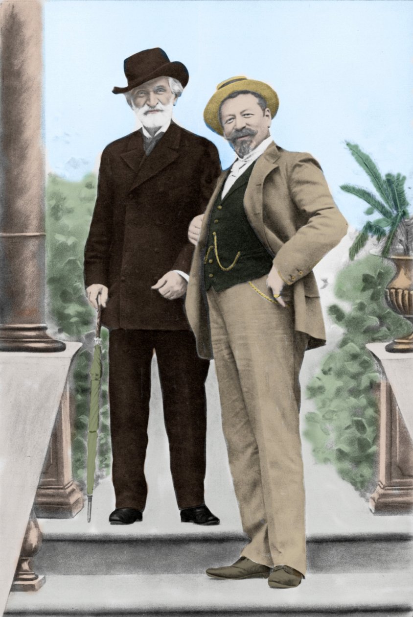 Giuseppe Verdi, İtalyan besteci (1813-1901) ve tenor Francesco Tamagno (1850-1905) 19. yüzyılın sonunda Montecatini