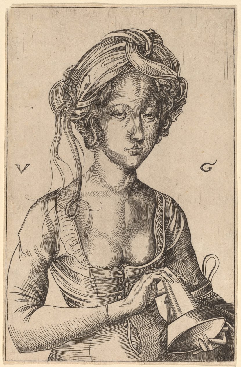 Ters çevrilmiş lambasını tutan aptal bir bakirenin büstü figürü by Urs Graf I after Martin Schongauer