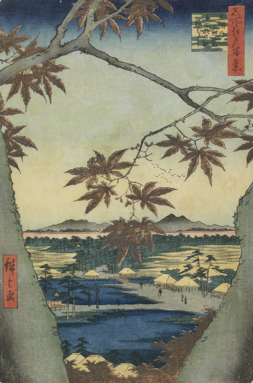 Mama, Tekona tapınağı ve Tsugi köprüsünün akçaağaç yaprakları by Utagawa Hiroshige