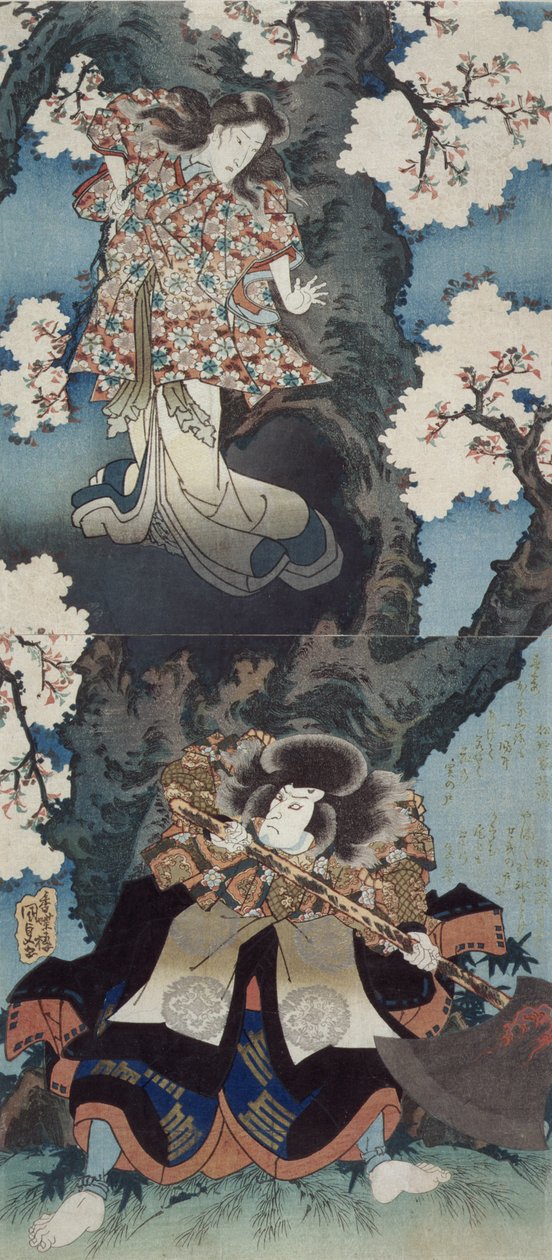 Bando Mitsugoro IV, Sekibei und Onoe Kikugoro III olarak Somezone olarak Tsumoru koi yuki seki no to, 1832 dolayları (renkli tahta baskı) by Utagawa Kunisada