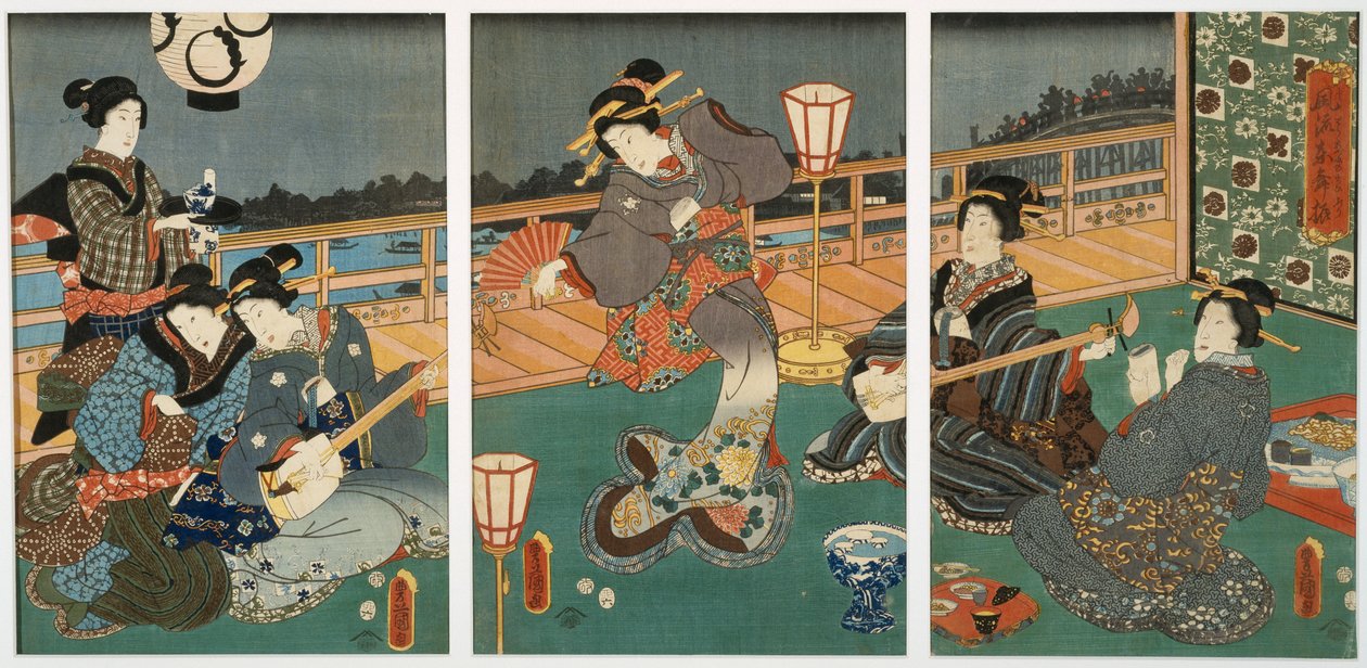 Nezaketçiler Eğlenceli, üç parçalı, 19. yüzyıl ortası (dut kağıdına tahta blok) by Utagawa Kunisada