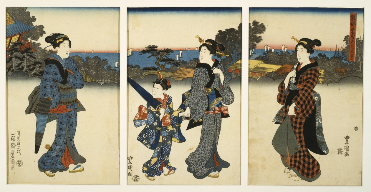 Deniz Kenarında Gezinen Nezaketçiler, 19. yüzyıl ortası (tahta baskı, triptik) by Utagawa Kunisada