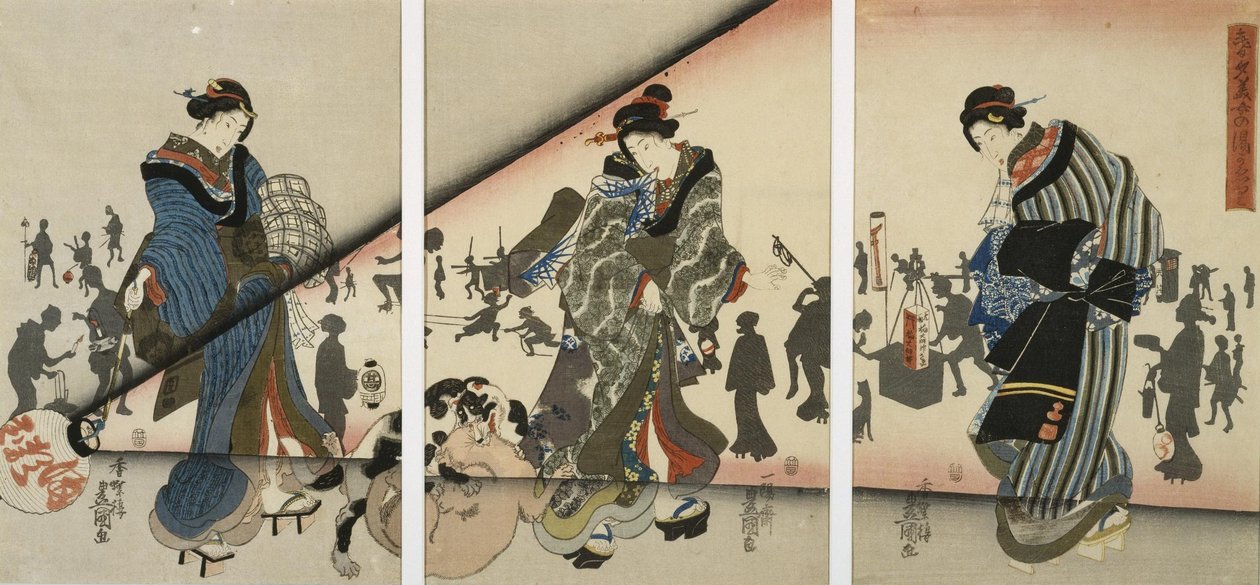 Kızlar, Hayvanlar ve Fenerlerle Gece Sahnesi by Utagawa Kunisada