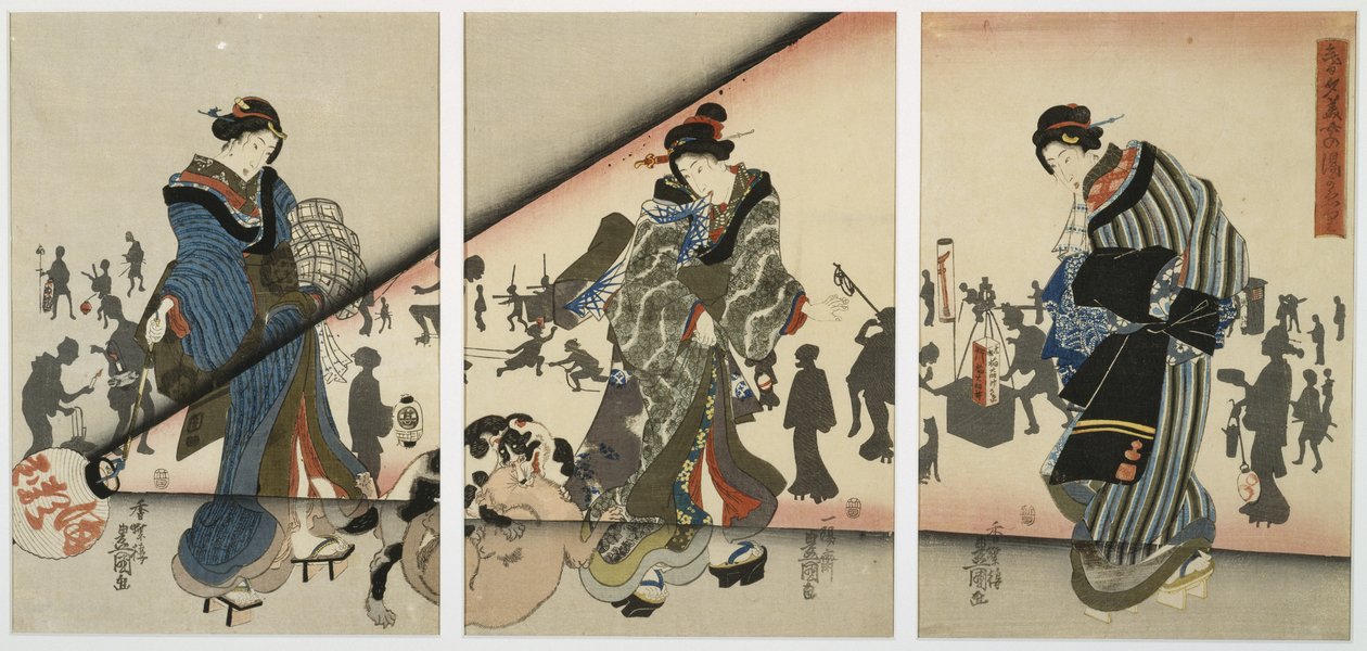 Kızlar, Hayvanlar ve Fenerlerle Gece Sahnesi, 19. yüzyıl ortası (tahta baskı, triptik) by Utagawa Kunisada