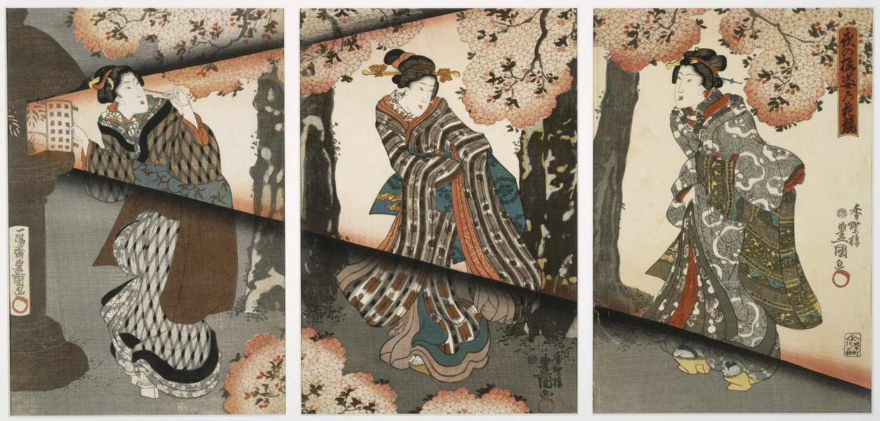 Kızlar ve Fenerler ile Gece Sahnesi, 19. yüzyıl ortası (tahta baskı, triptik) by Utagawa Kunisada