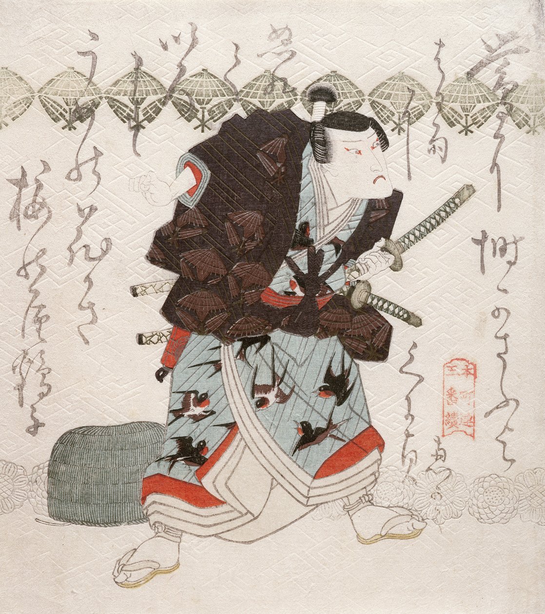 Onoe Kikugoro III, Saya-ye (kınların çatıştığı) sahnesinde Nagoya Sanza olarak, 1827-30 dolayları (renkli tahta baskı) by Utagawa Kunisada