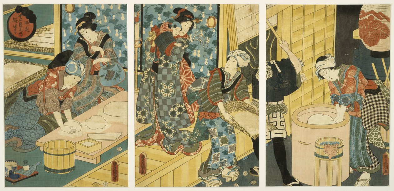Yeni Yıl Günü Hazırlıkları (Pounding Mochi), 19. yüzyıl ortası (tahta baskı, triptik) by Utagawa Kunisada