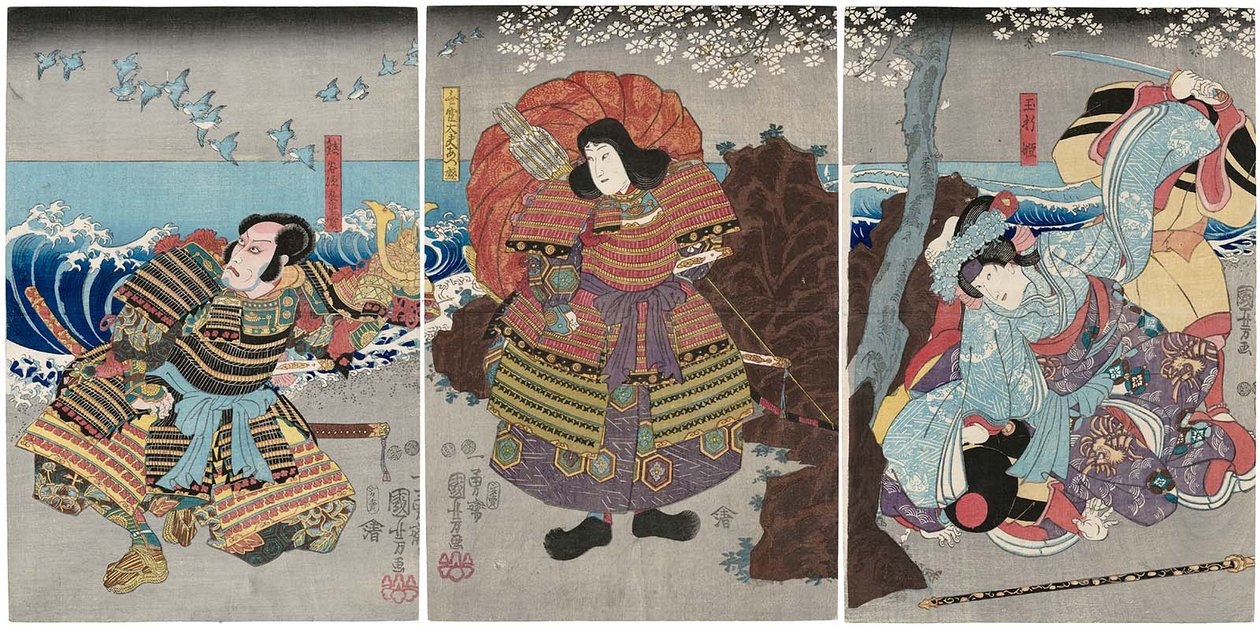  Actors Iwai Kumesaburo III as Tamaori-hime R, Ichikawa Saruzo I as Mukan Dayu Atsumori C, and Ichikawa Ebizo V as Kumagai Jiro Naozane L by Utagawa Kuniyoshi