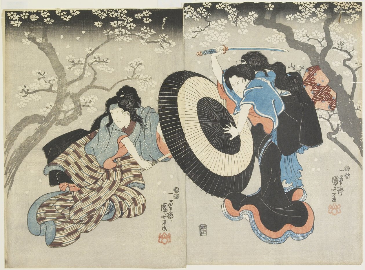 (Kiraz Ağacının Altında Dövüşen İki Kadın, Kabuki Oyunundan Bir Sahne), 1847-1852 by Utagawa Kuniyoshi