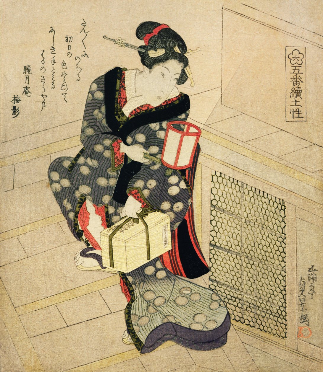 Bir lamba ve bir kutu tutarak merdivenleri tırmanan kadın (renkli tahta baskı) by Utagawa Sadakage