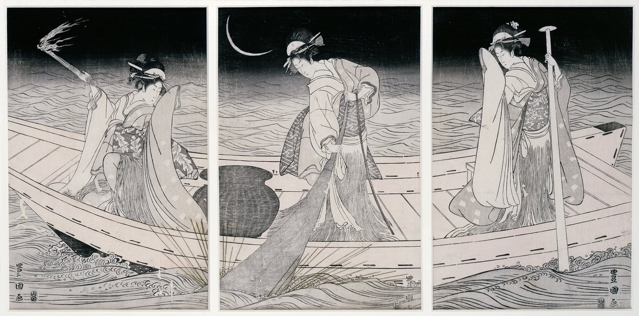 Lamba ışığında balık tutan bir teknede üç kadın (tahta baskı) by Utagawa Toyokuni