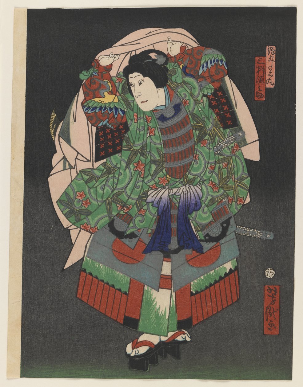 Osaka Kabuki Aktörü Gennosuke III, 1868 (kağıt üzerine gümüş ve pirinçle renkli tahta baskı) by Utagawa Yoshitaki