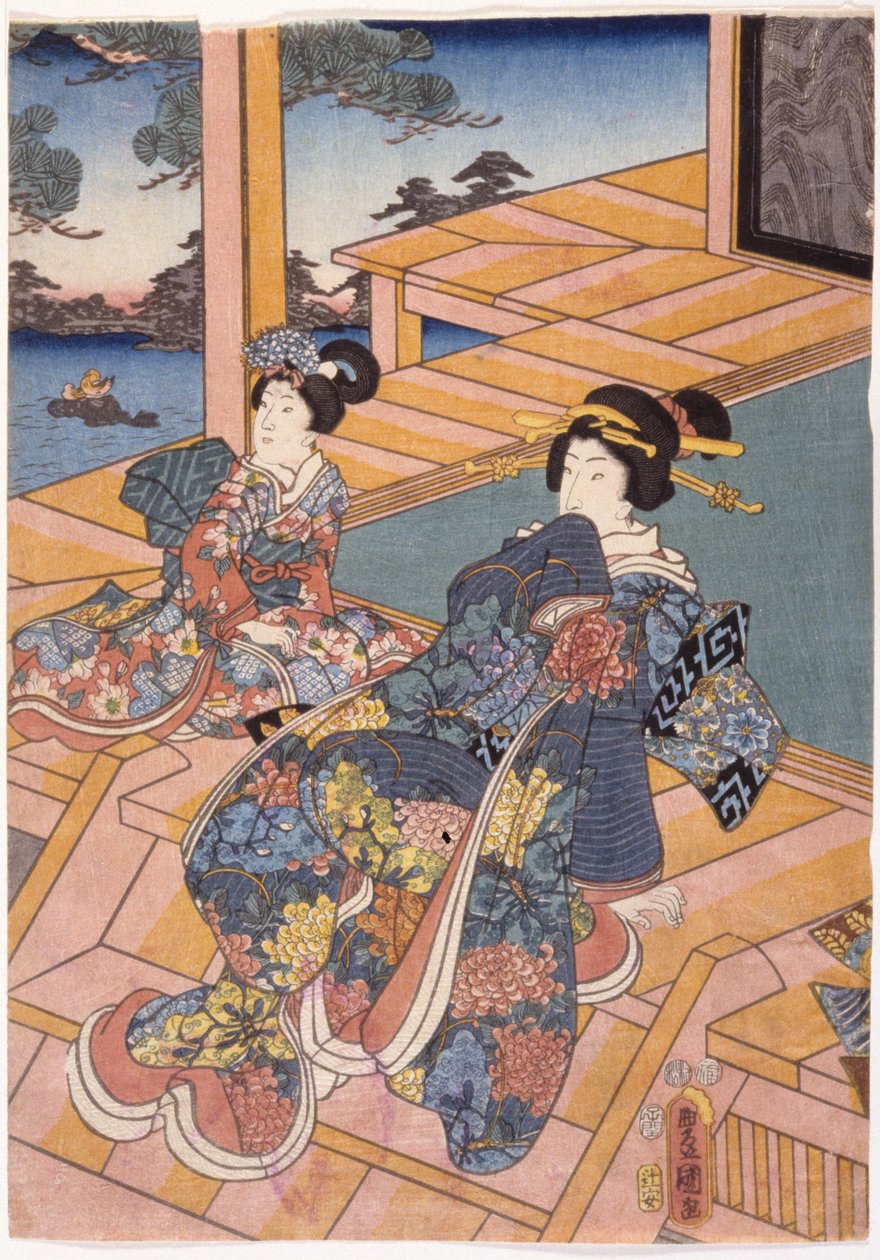Two Ladies On A Terrace (renkli tahta baskı) by Utagawa (1786 1865) Kunisada