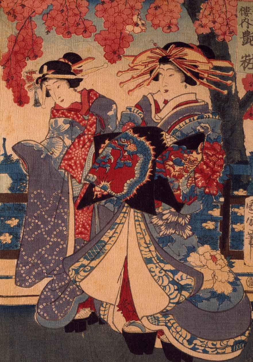 Bir Çiçek Bahçesinde İki Kadın, Utagawa Kunisada, gravür, krepon tekniği by Utagawa Kunisada