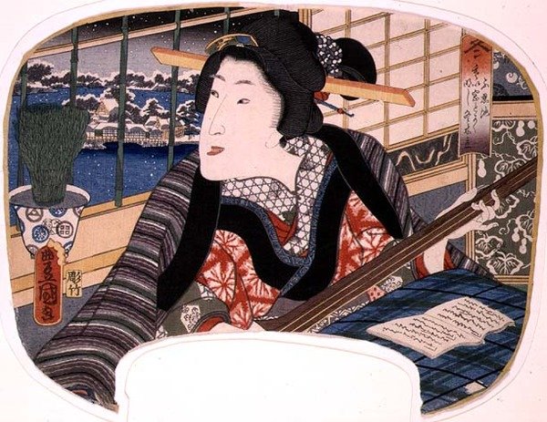 Kış, Shinobazu Göleti; Balad çalan bir geyşa, mevsimleri gösteren dörtlü setten bir hayran için tasarım by Utagawa Kunisada