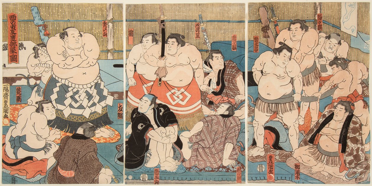 Savaş savaşçıları Shitaky Beya ve Hidenoyama. Utagawa Kunisada Damgası (1786-1865) by Utagawa Kunisada