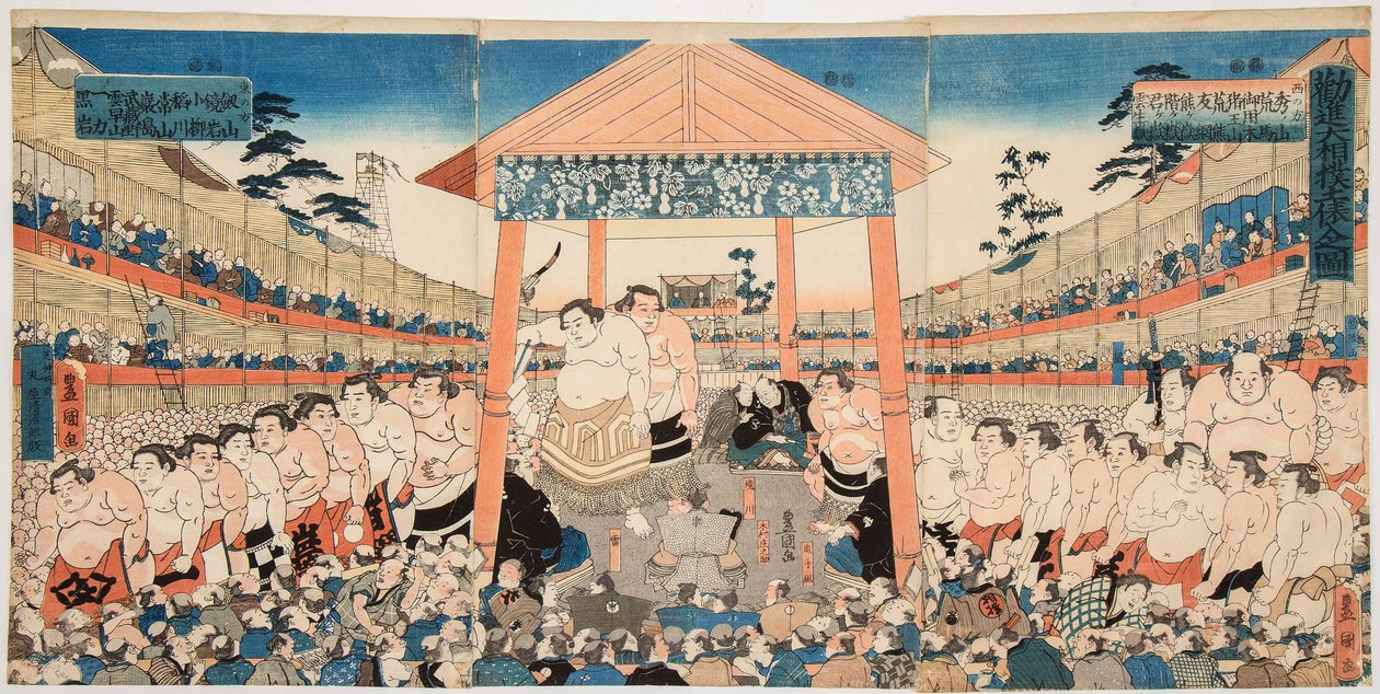 Kanjin Ozumo (bir bağış toplama mücadelesi için sumo güreşçilerinin alayı). Basım Utagawa Kunisada (1786-1865) - Kanjin Ozumo, Kunisada (Toyokuni III), Utagawa (1786-1865). Renkli gravür, c. 1850. Boyutlar: 37,5 x 75,5 cm. Özel koleksiyon by Utagawa Kunisada