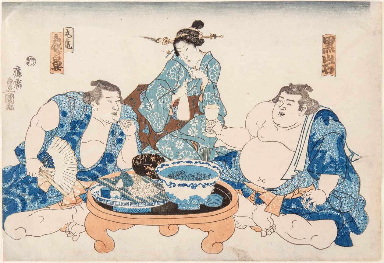 Bir geyşa ile Sumo güreşçileri Kuroiwa ve Zogahana. Utagawa Kunisada (1786-1865) tarafından basılmıştır by Utagawa Kunisada