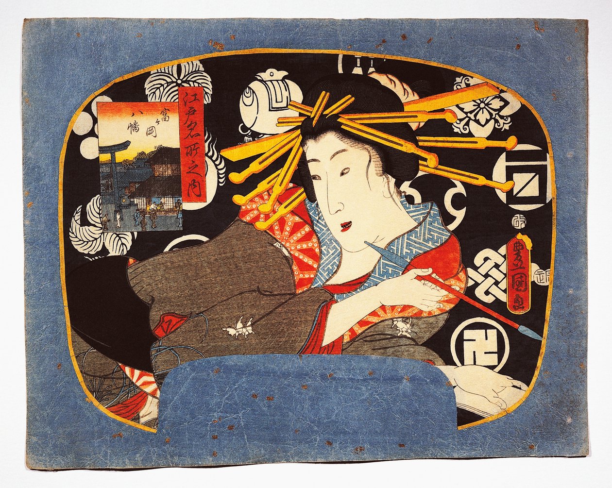 Uzun borulu fahişe, solda iç metinde Hachiman tapınağı by Utagawa Kunisada