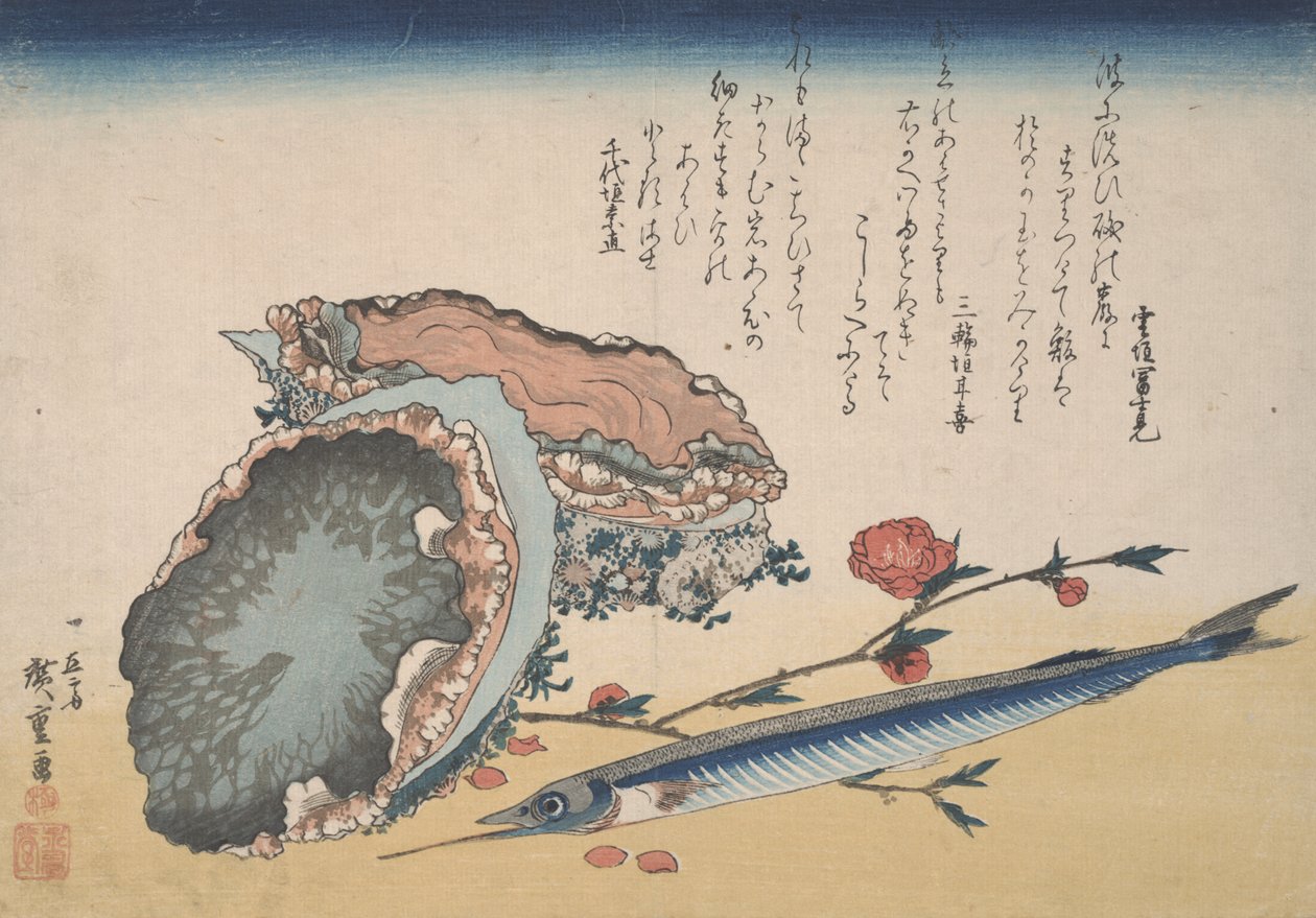 Abalone, Yarım Gaga ve Şeftali çiçeği by Utagawa Hiroshige