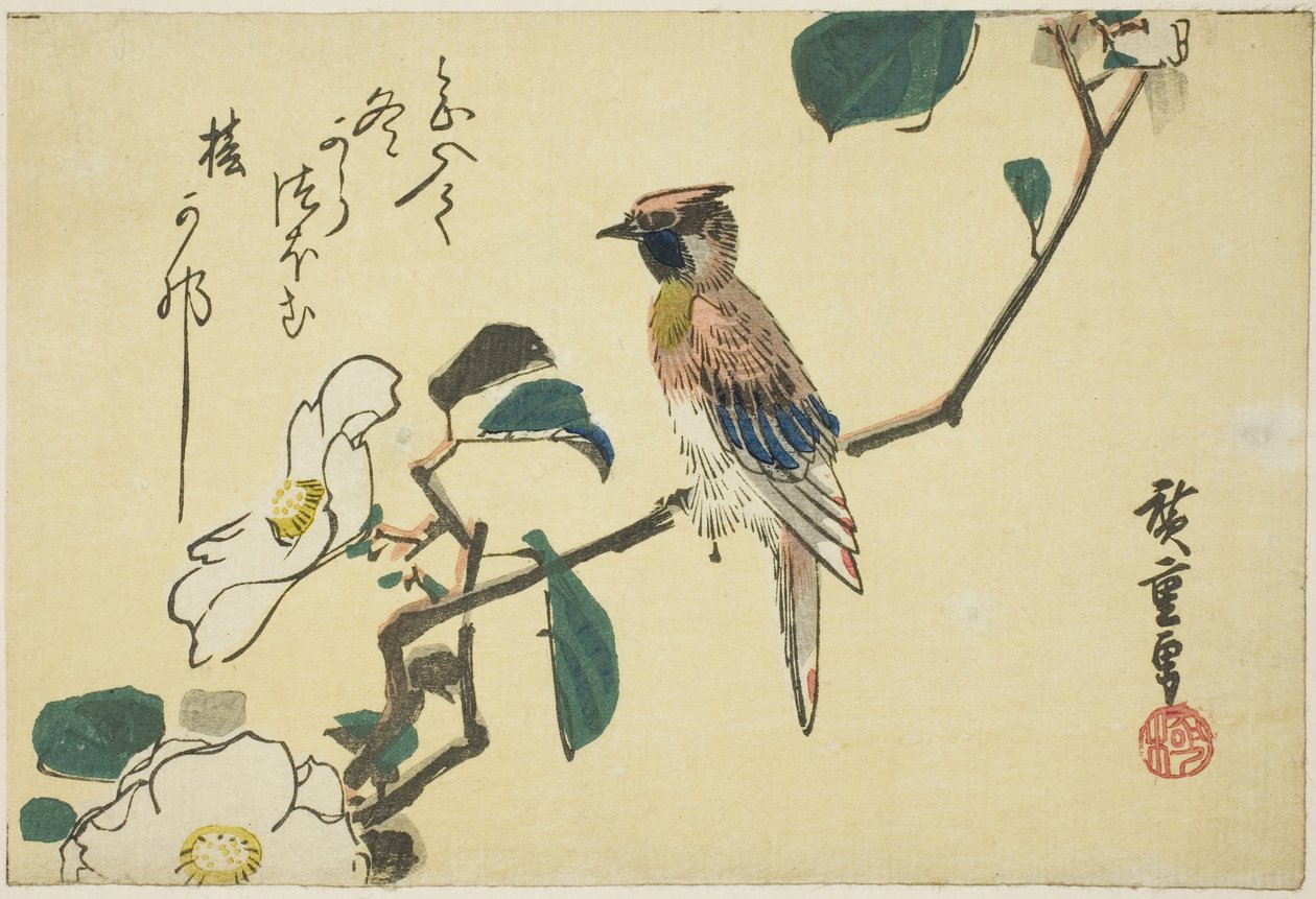 Kamelya dalı üzerinde siyah enseli sarı sarımsağı by Utagawa Hiroshige