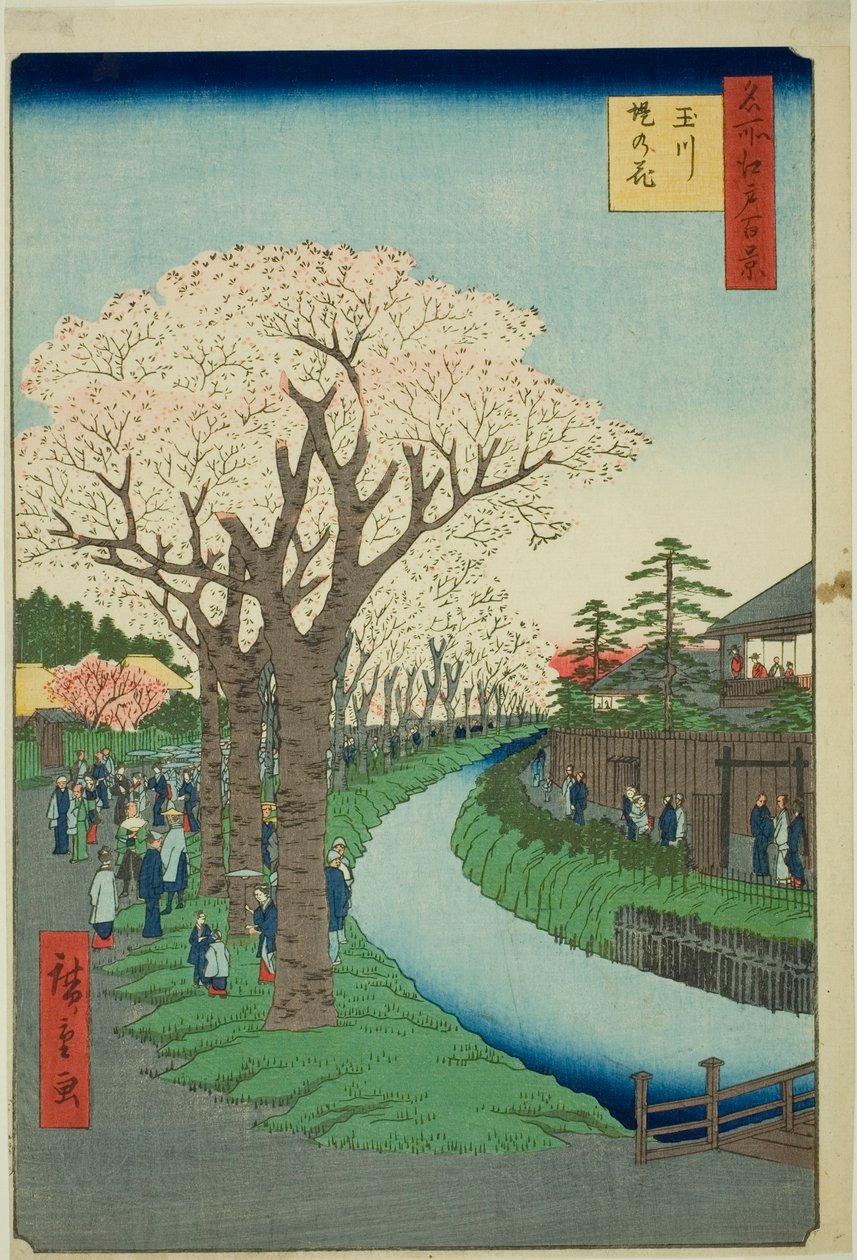 Blossoms on the Tama River Embankment (Tamagawa-zutsumi no hana), from the series "One Hundred Famous Views of Edo (Meisho Edo hyakkei)" by Utagawa Hiroshige