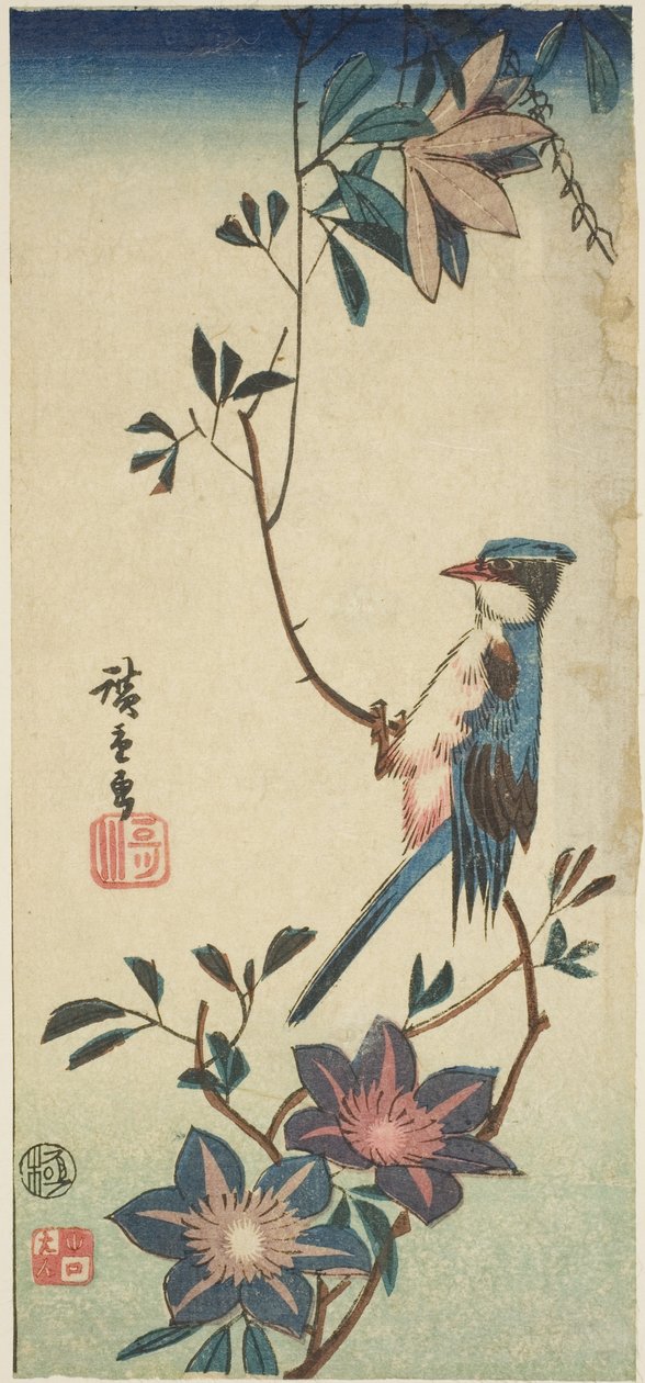 Akasma üzerinde mavi kuş by Utagawa Hiroshige
