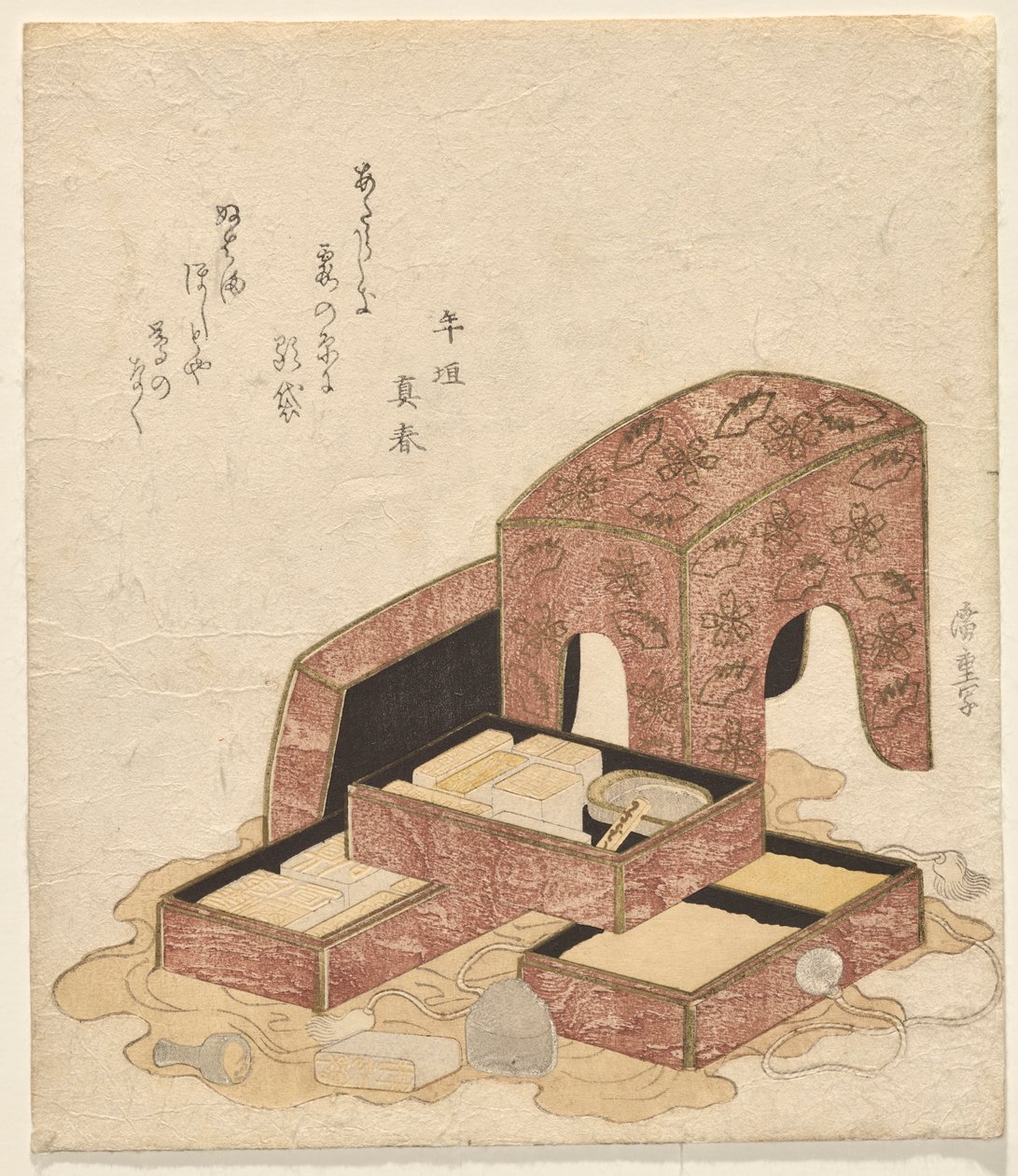 Çeşitli mühürlerden oluşan tepsilerle kaligrafi seti by Utagawa Hiroshige