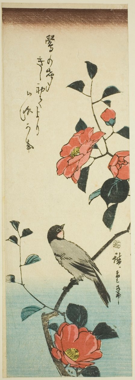 Kamelya çiçekleri ve şakrak kuşu by Utagawa Hiroshige